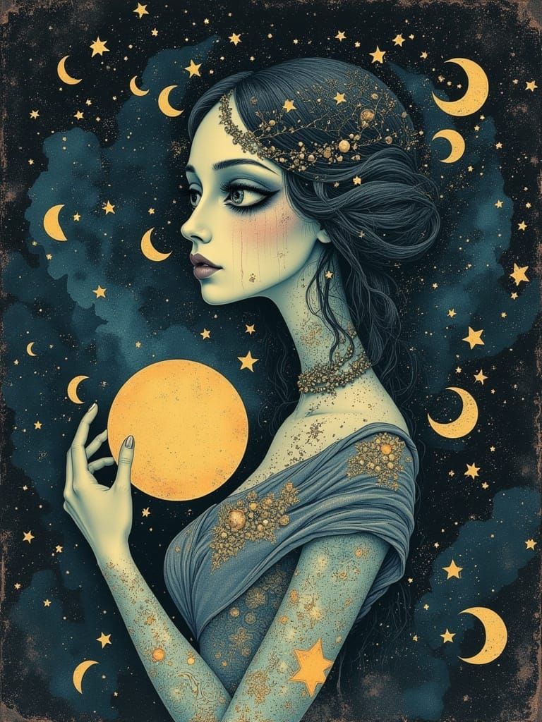 Whimsical Nouveau Goddess of Moon and Night