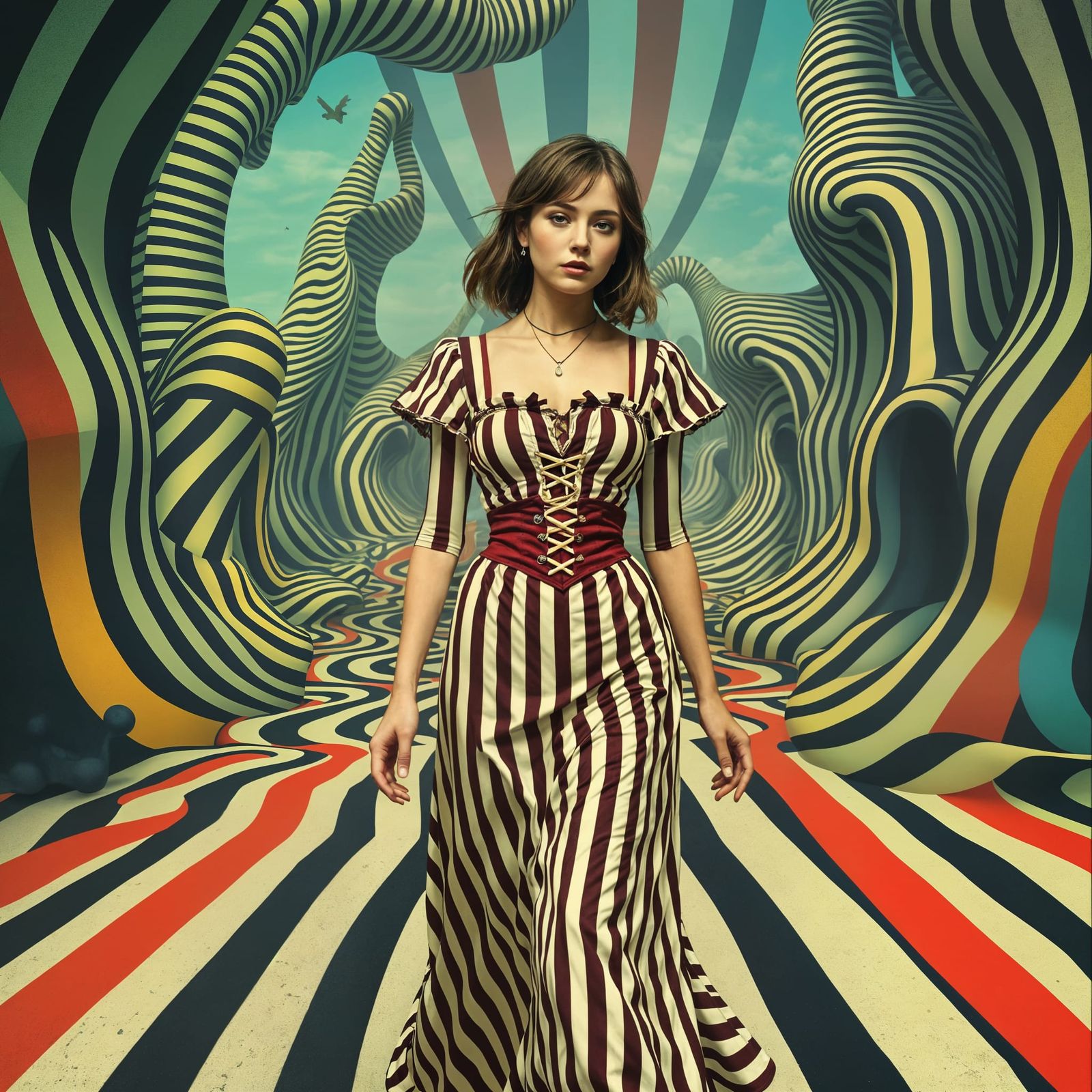 Surreal Woman Trapped in a Maze of Striped Patterns