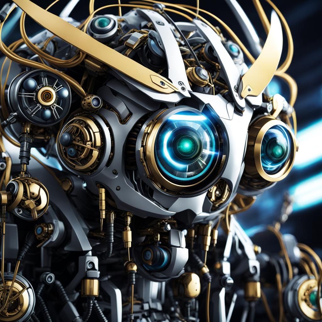 Mechanical Insect Head with Camera Lenses, Anime Style