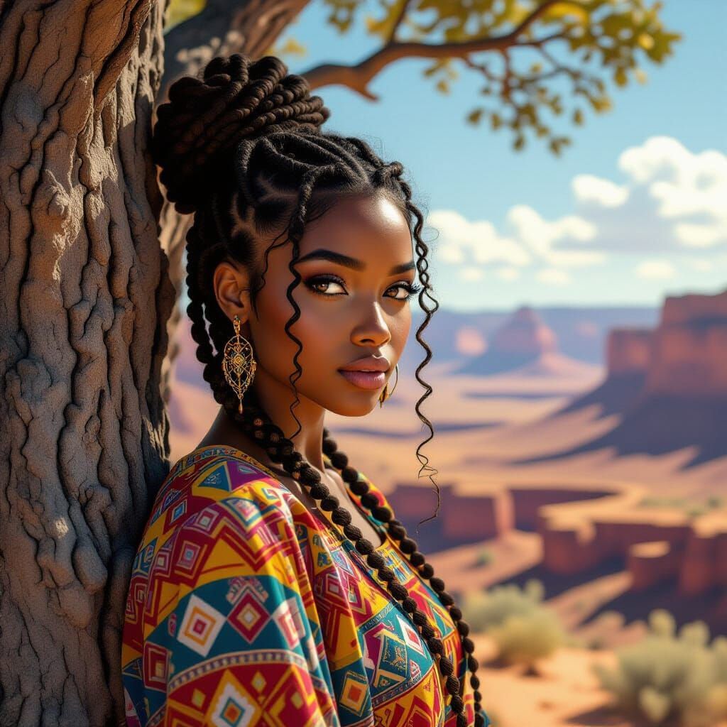 Black Girl in Seamless Rainforest-Desert Landscape