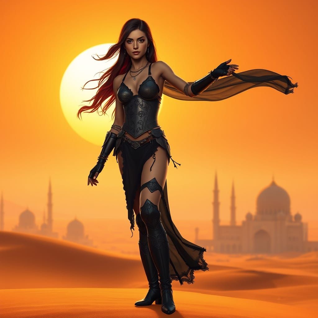 Armored Latina Warrior in Desert Sunset