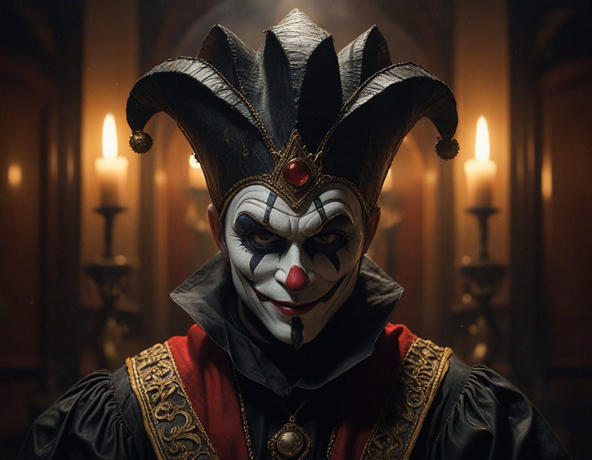 Dark Harlequin Portrait in Oil on Canvas