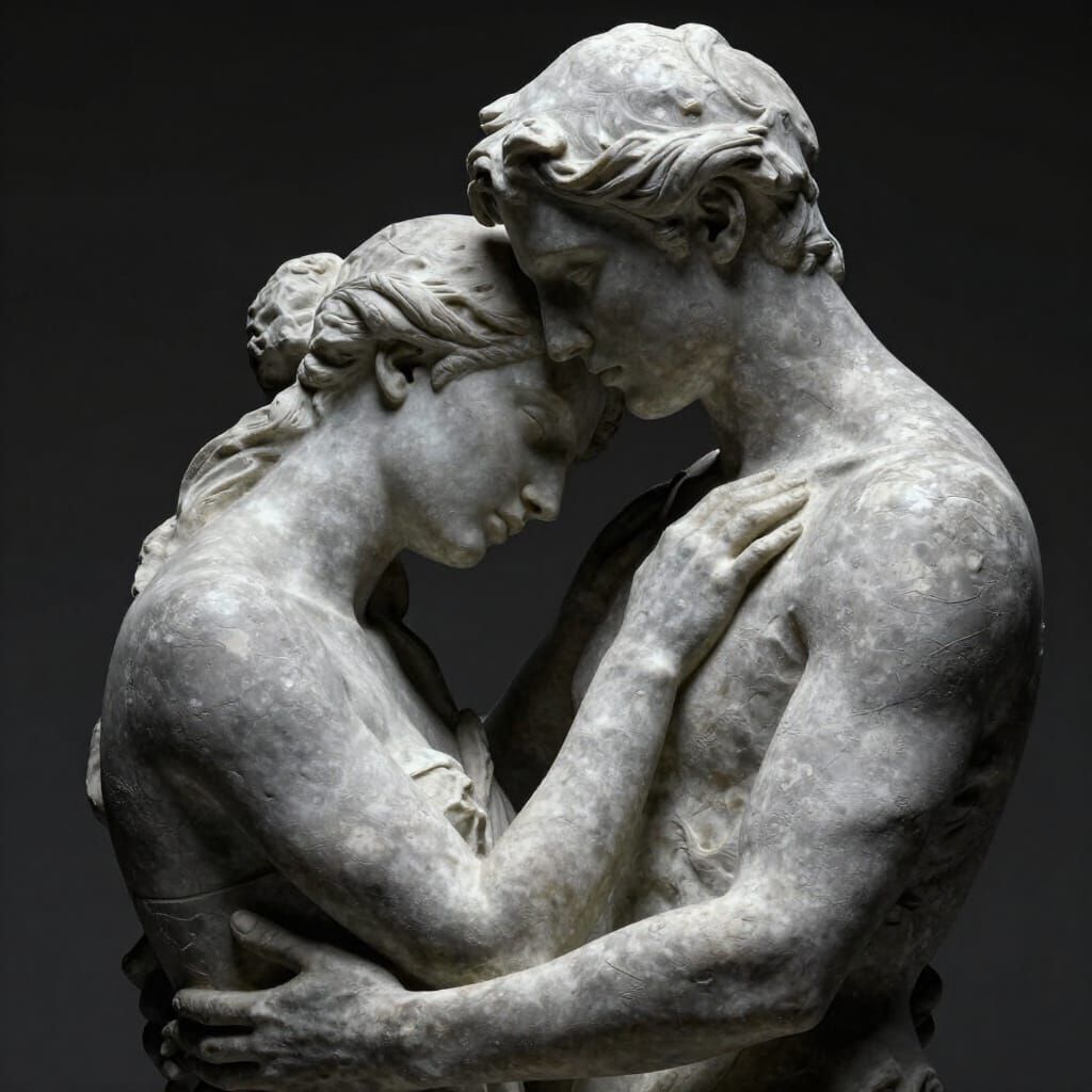 Stone Figures Embrace: Romantic Concept Art Portrait