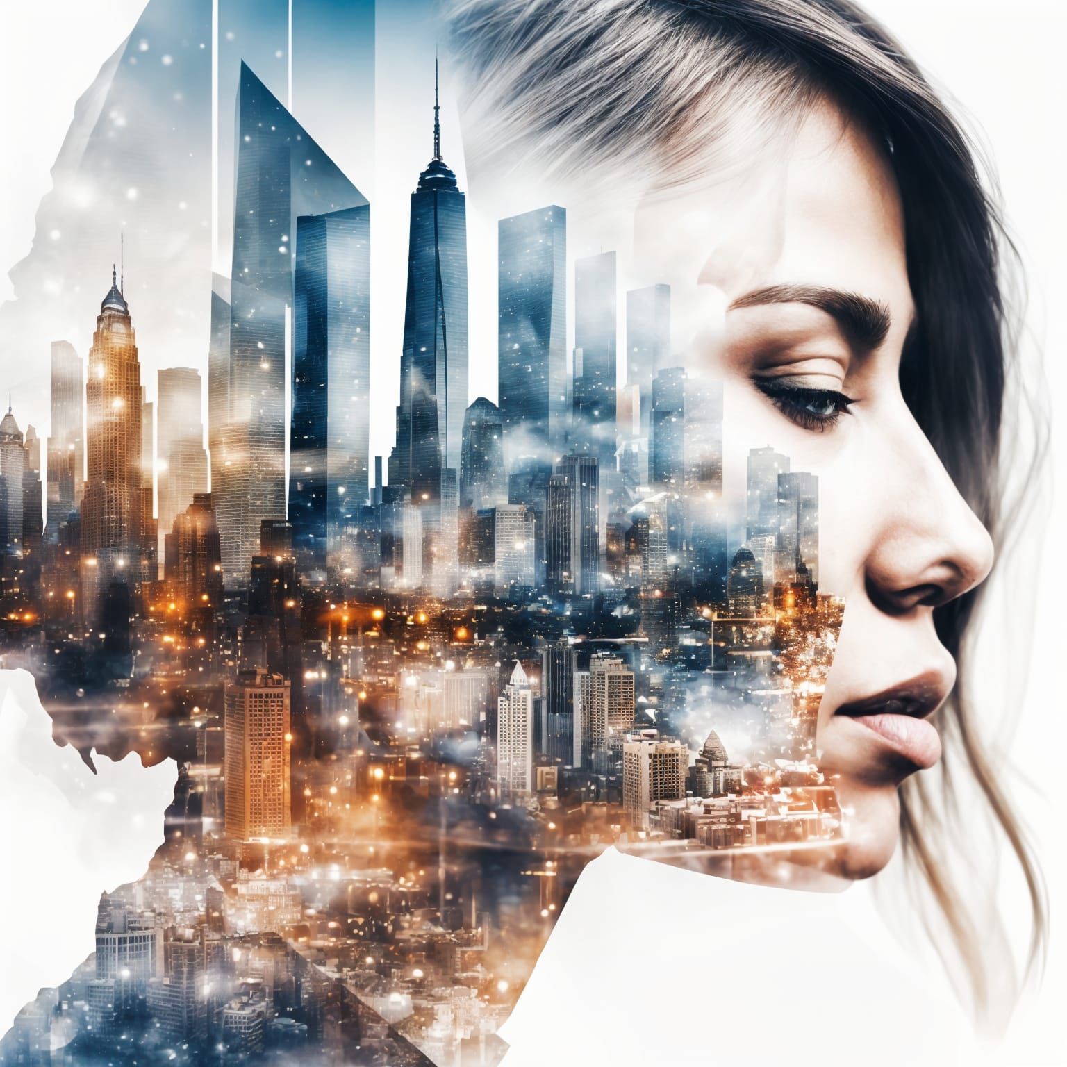 Double Exposure: Woman and City Skyline
