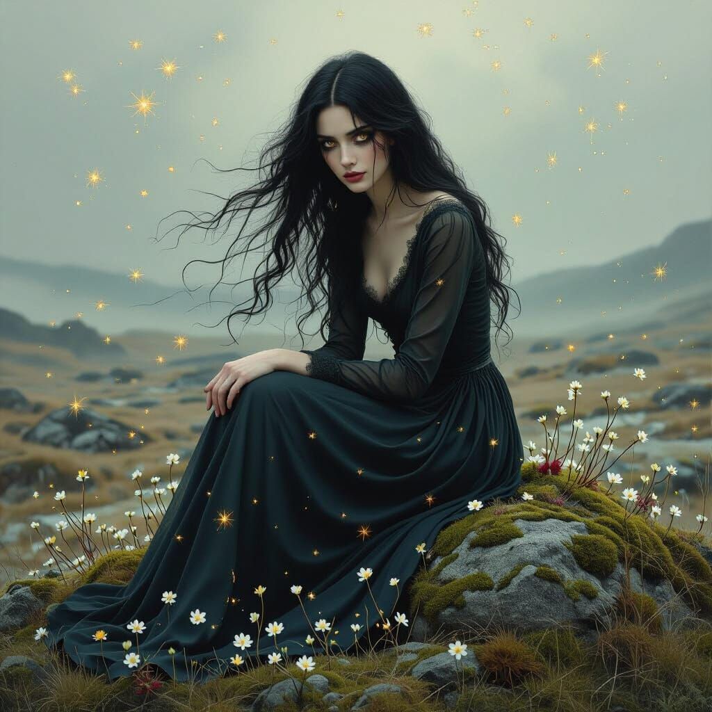 Ethereal Woman in Windswept Landscape, Digital Art