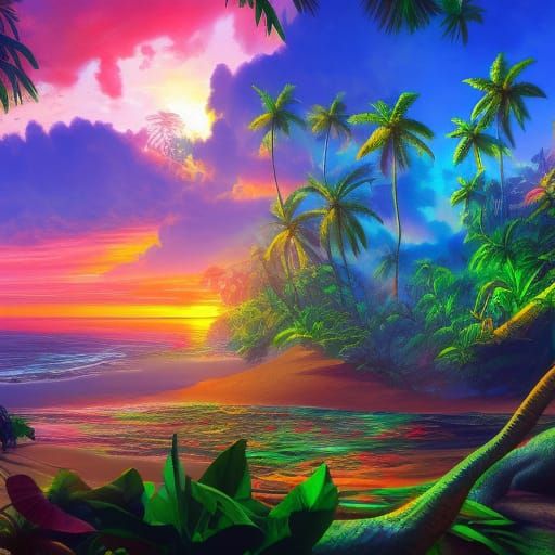 Colorful Jungle Beach Sunset: Fantasy Concept Art