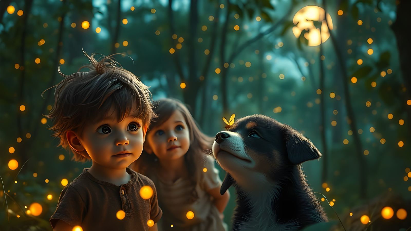 Children and Puppy in Magical Forest Night