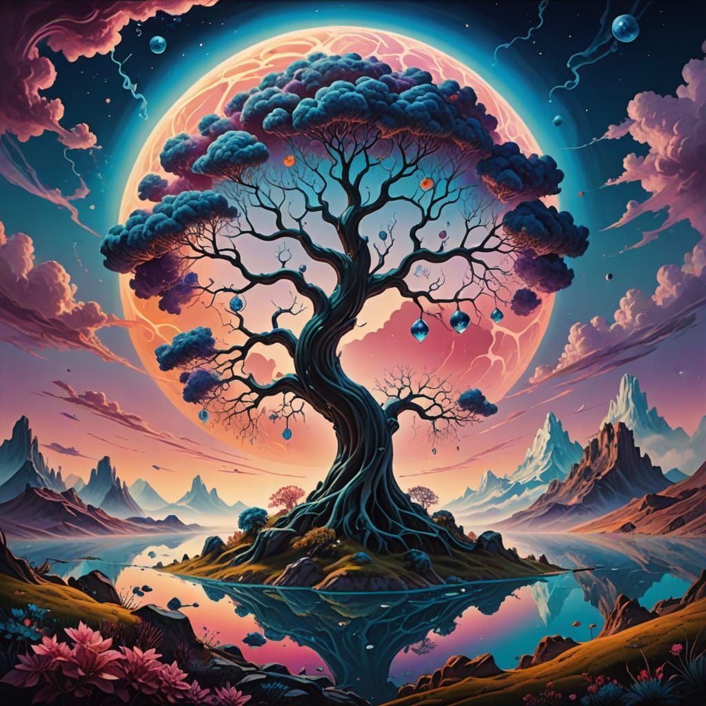 Surreal Fantasy Tree Radiates Mystical Energy on a Cloudy Ho...