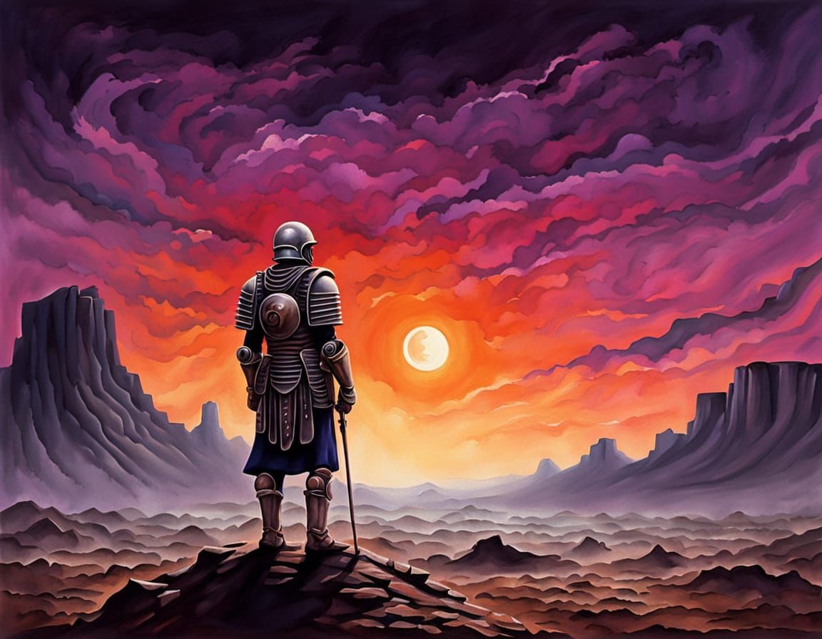 Roman Legionary in Surreal Cosmic Landscape