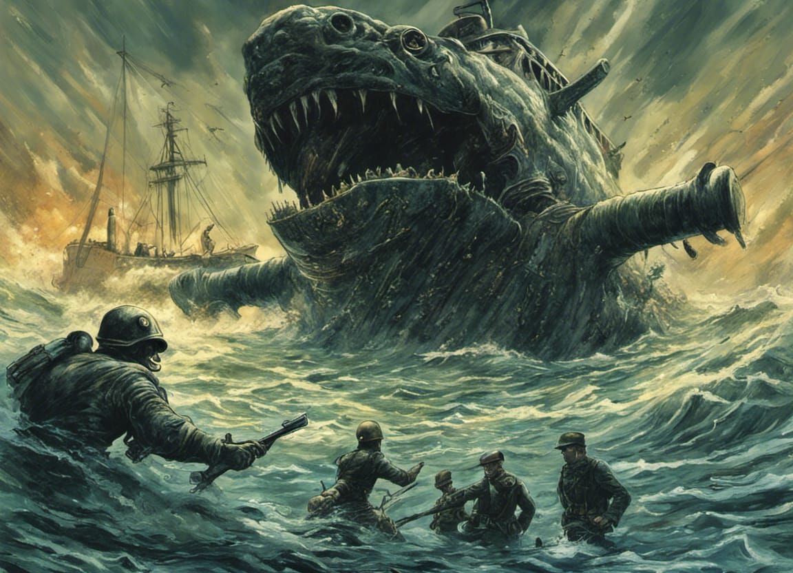 Underwater Monster vs U-Boat in Dramatic Light