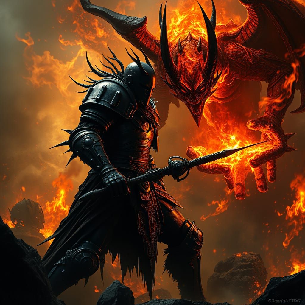 Dark Armored Warrior Battles Fiery Demonic Entity