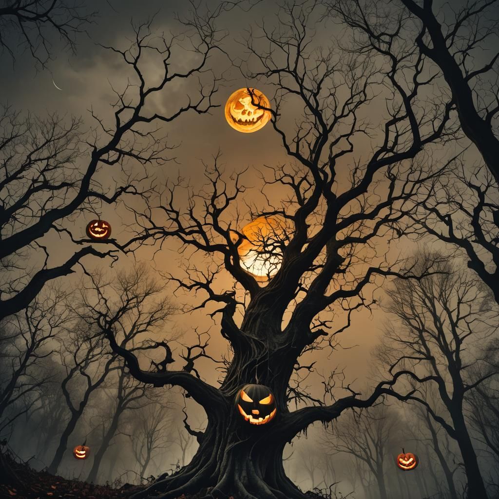 Eerie Jack-o'-Lantern Moon Over Dark Forest