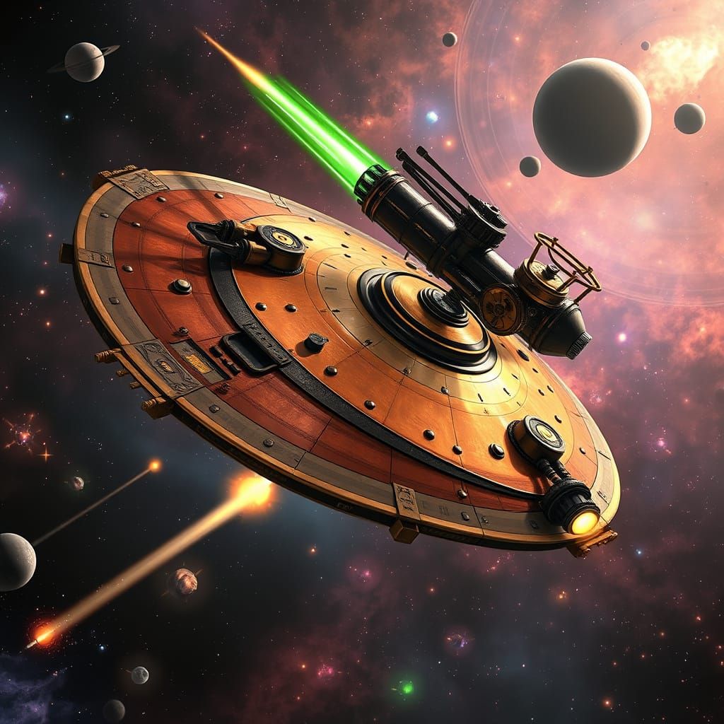 Steampunk Starship Enterprise Engages Borg Vessel in Nebula