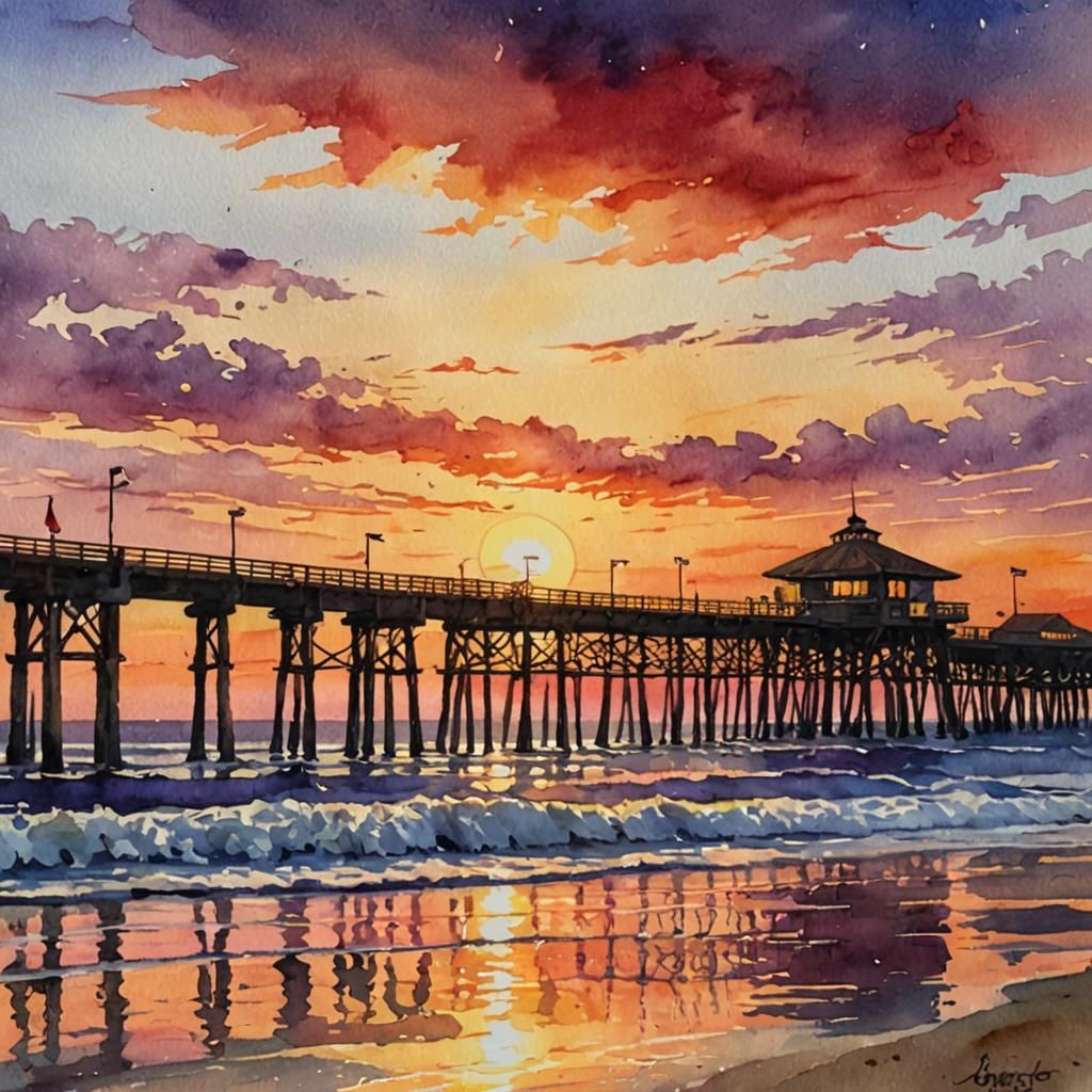 Sunset Over Pacific Ocean in Watercolor Style
