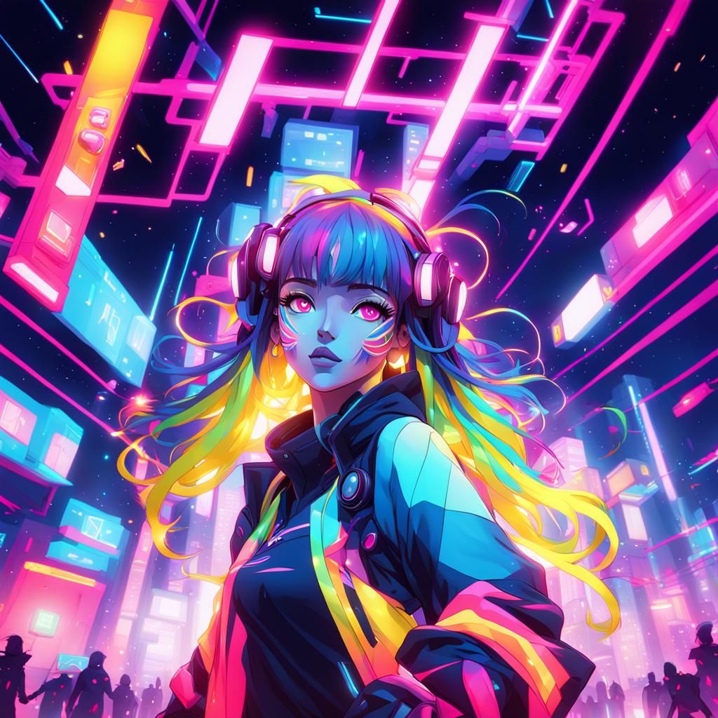 Anime Rave Girl Dancing in Neon Cityscape