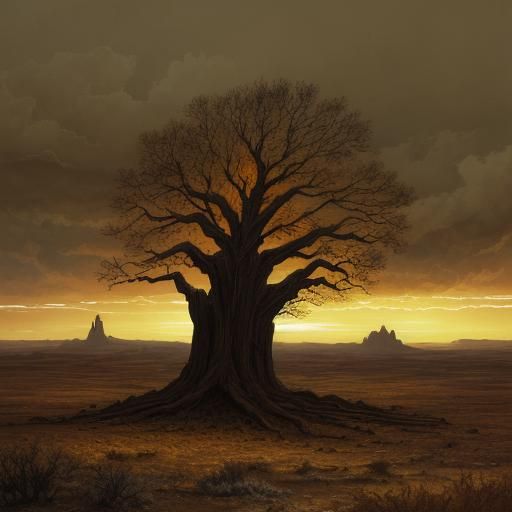 Post-Apocalyptic Wasteland: Oil Painting with Golden Light