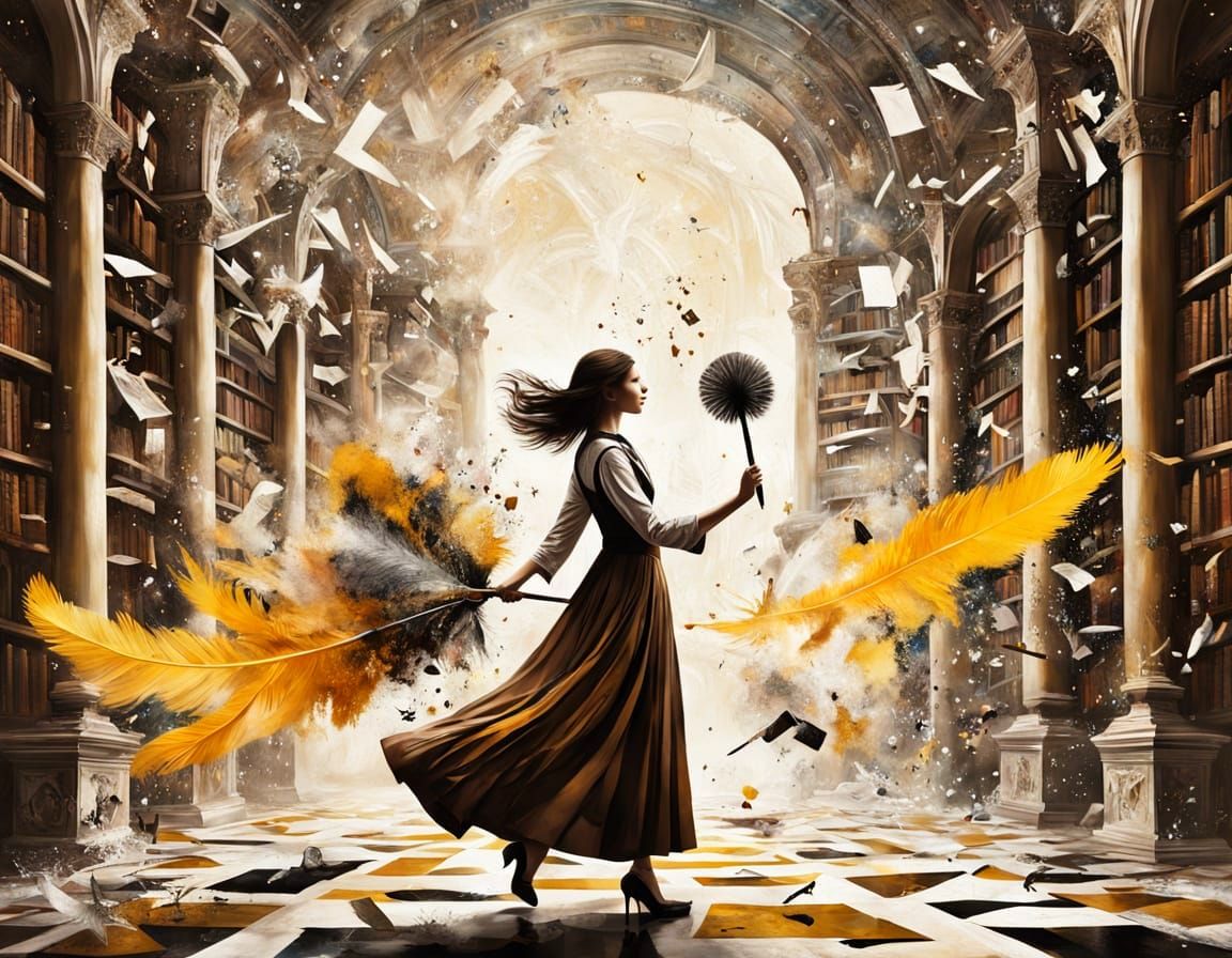 Surreal Digital Art: Magical Feather Duster in Ancient Libra...