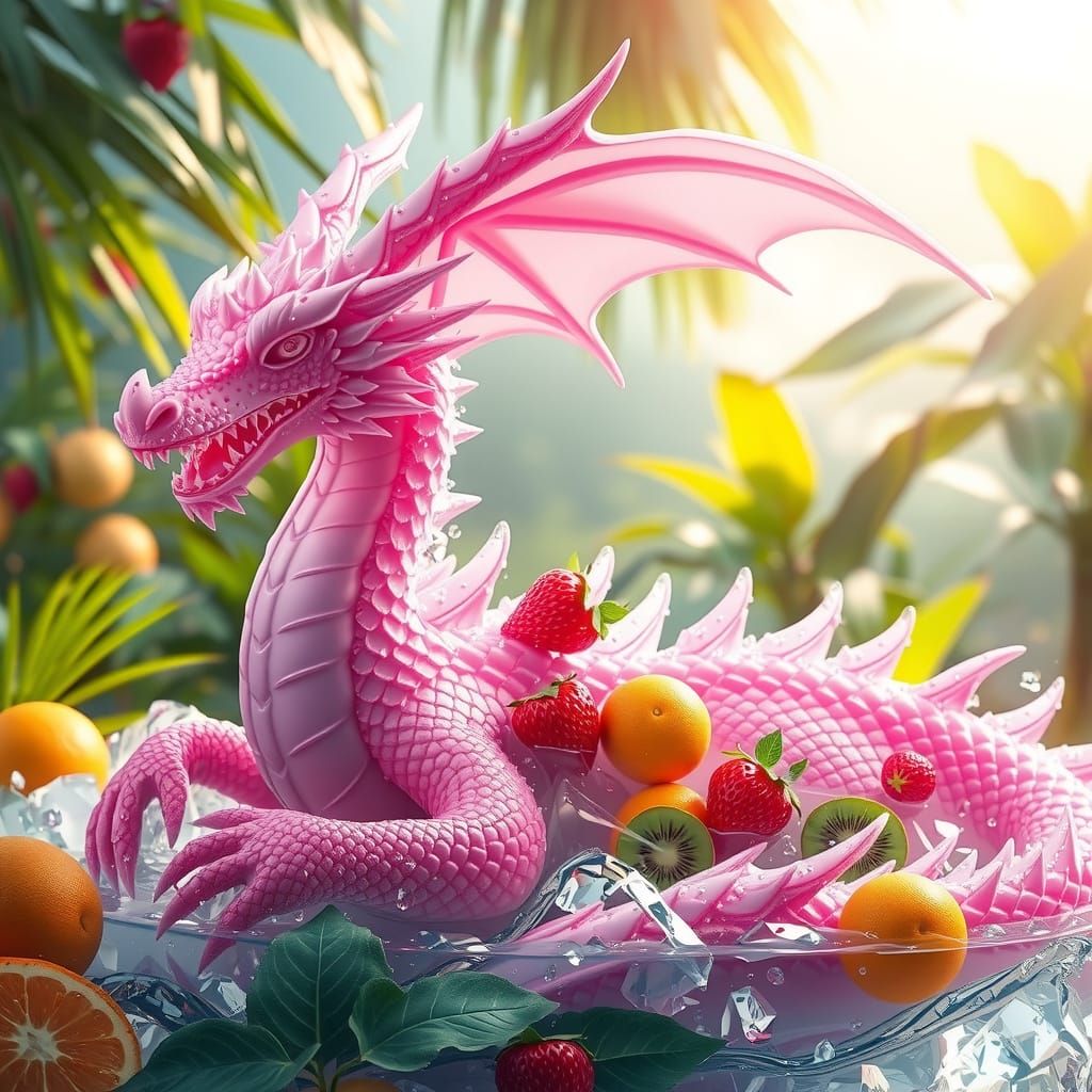 Majestic Pink Ice Dragon in Tropical Paradise