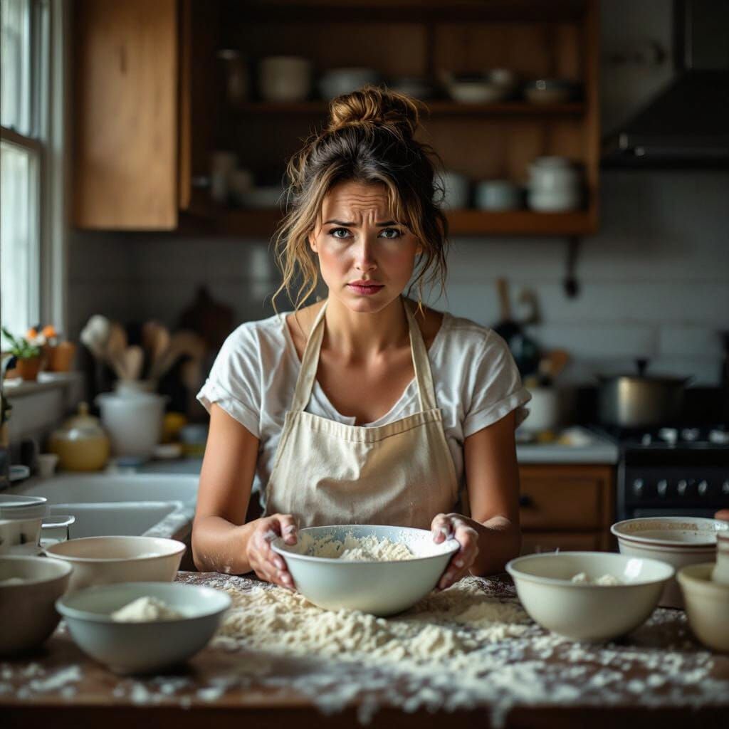 Frustrated Mom in Kitchen: Cinematic Film Style