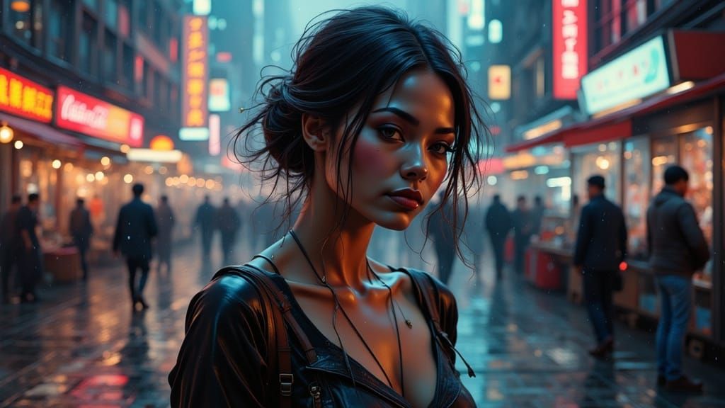 Woman's Serene Portrait in Bustling City Corner