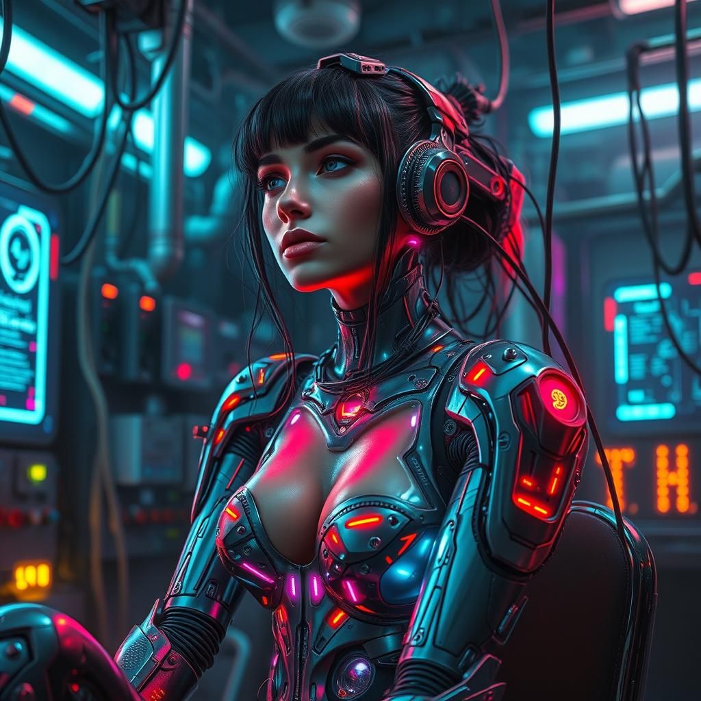 Futuristic Woman in Cyberpunk Laboratory with Neon Lights