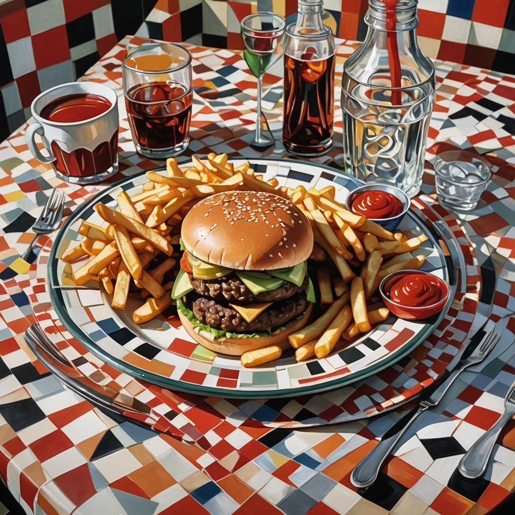 Cubist Hamburger Still Life in Picasso Style