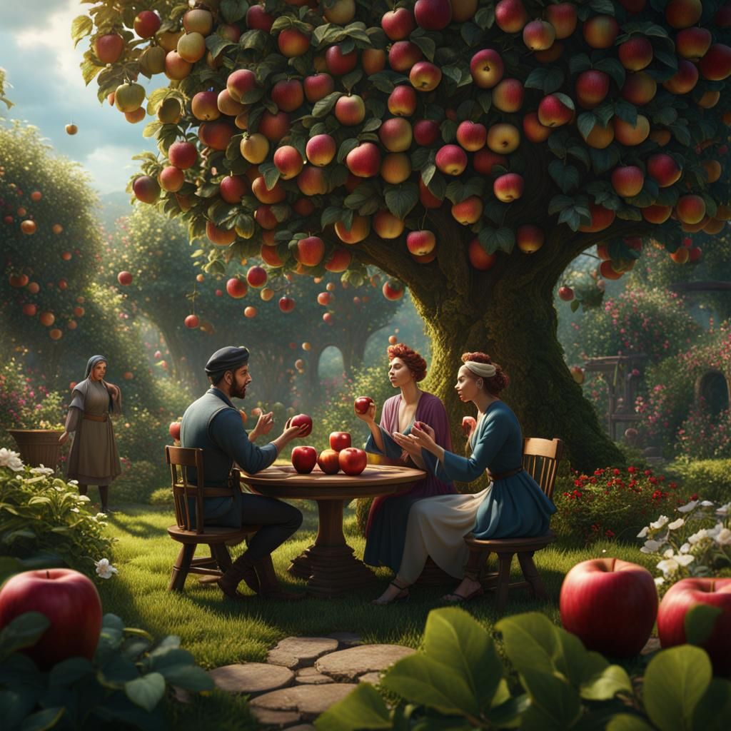 People Arguing About Apple in Garden: Matte Painting