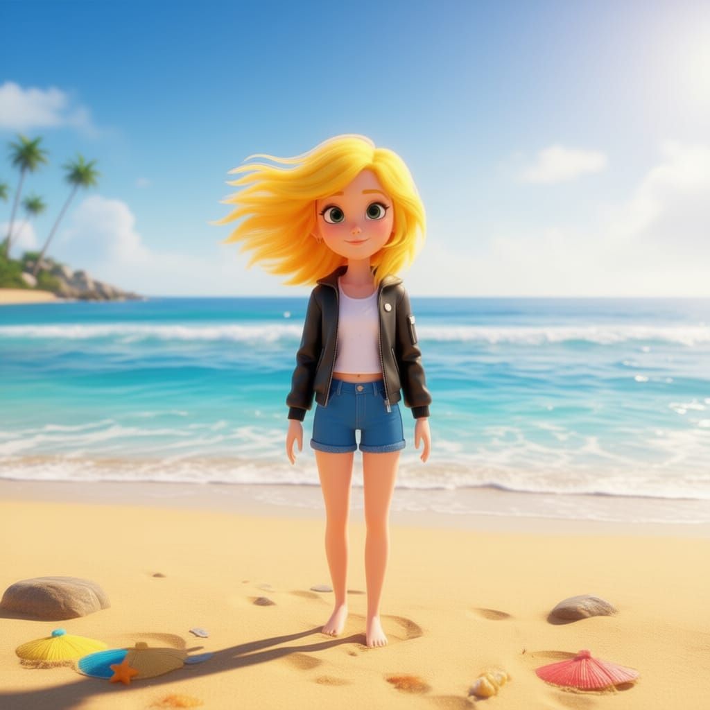 Pixar Style Girl in Yellow Hair and Black Jacket