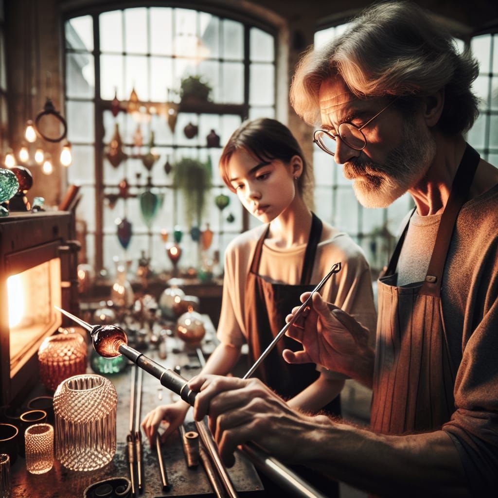 Glassblowing Master and Apprentice in Cozy Studio