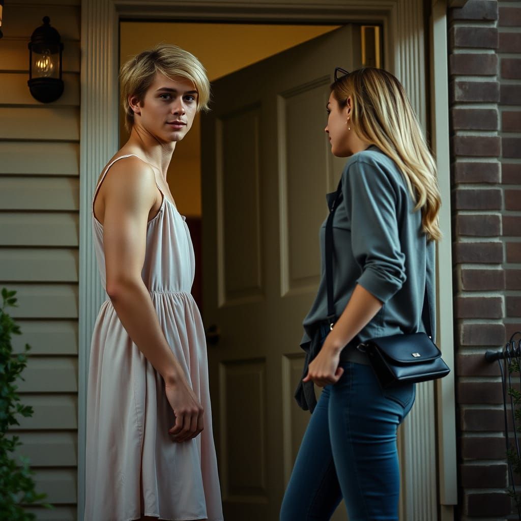 Confident Young Man in Pastel Dress Behind Front Door