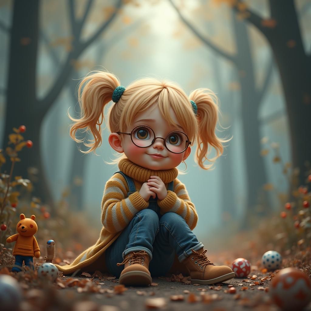 Girl with Pigtails in Misty Forest, Fantasy Art