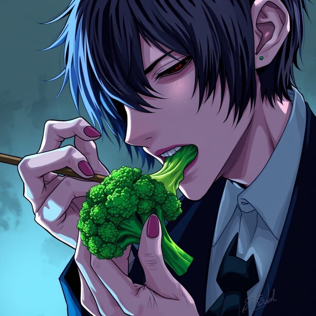Ken Kaneki, the flesh-eating ghoul , eating brocollini
