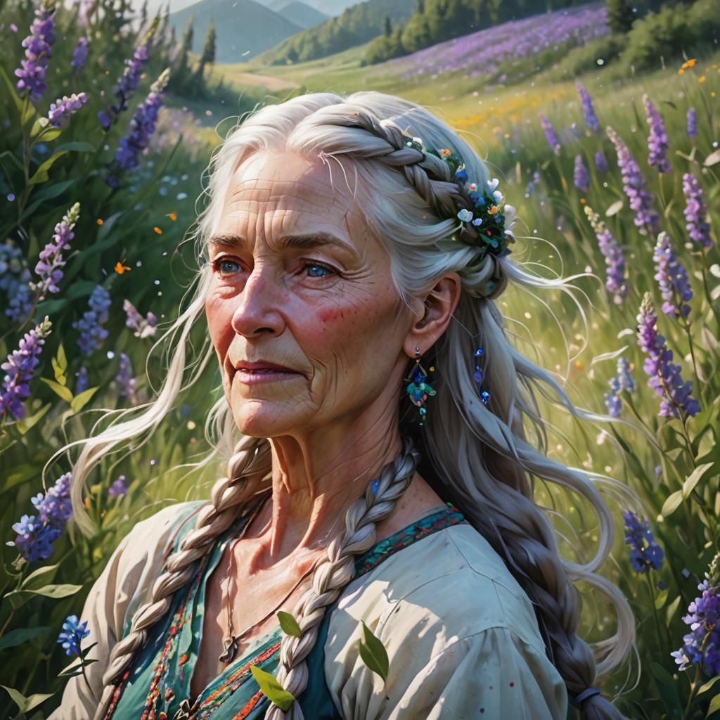 Older Woman Dances in Wildflower Meadow: Watercolor Portrait