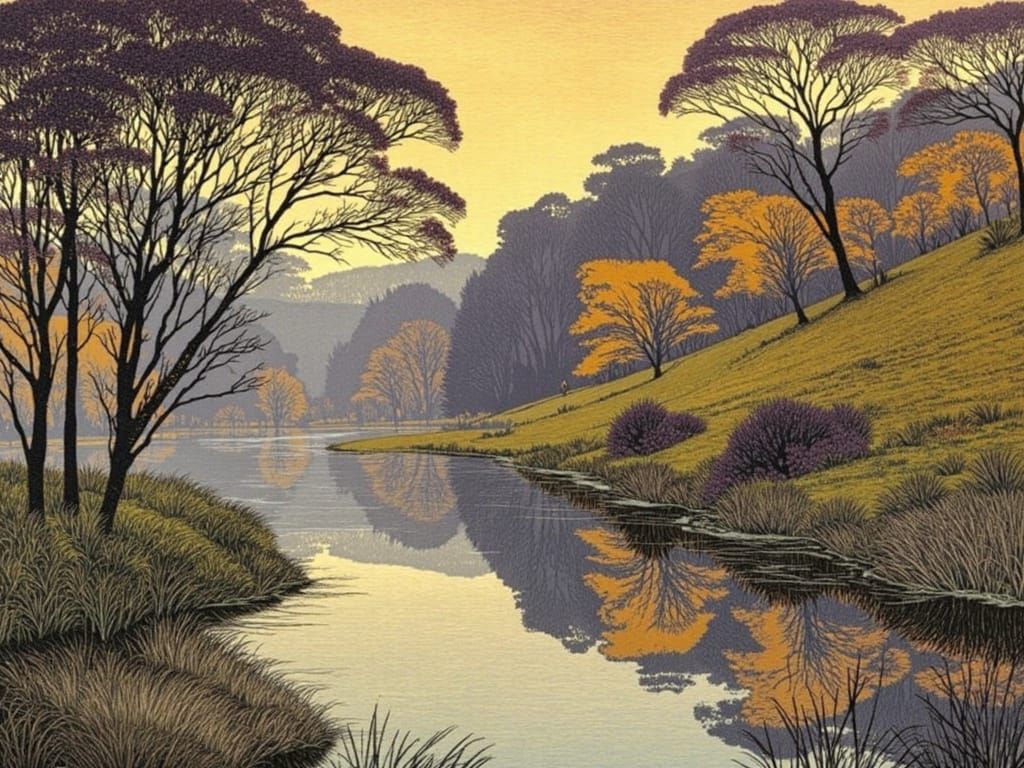 Serene River Landscape in Yellow and Purple