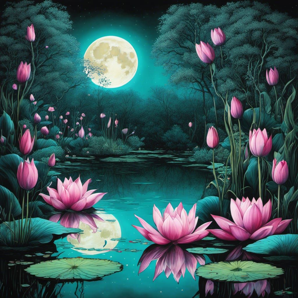 Gothic Teal Pond with Lotus Flowers in Burton Style