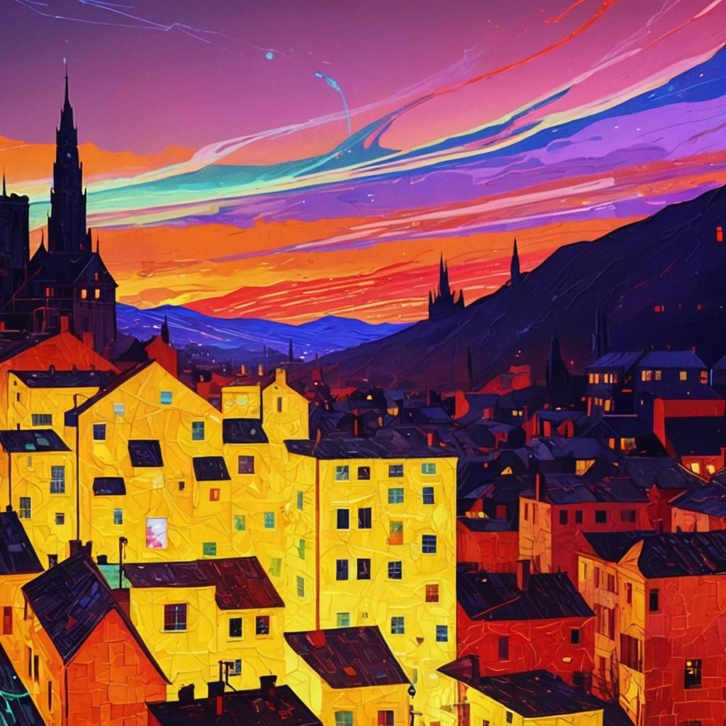 Surreal Glitched Cityscape in a Van Gogh Style