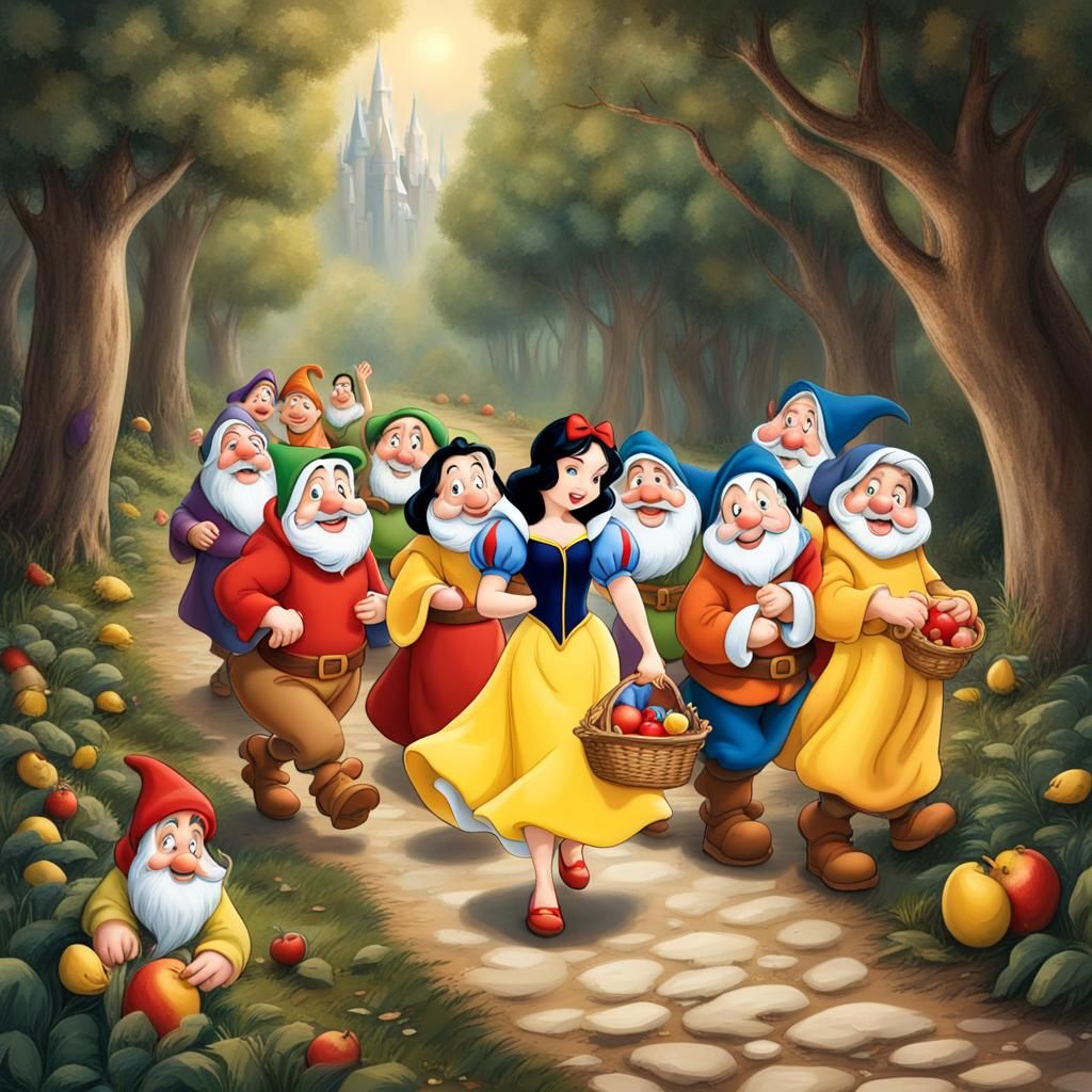 Snow white and 7 dwarfs walking on path
