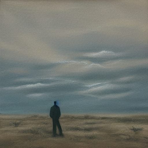 Surreal Traveler Lost in Haunting Desolate Landscape