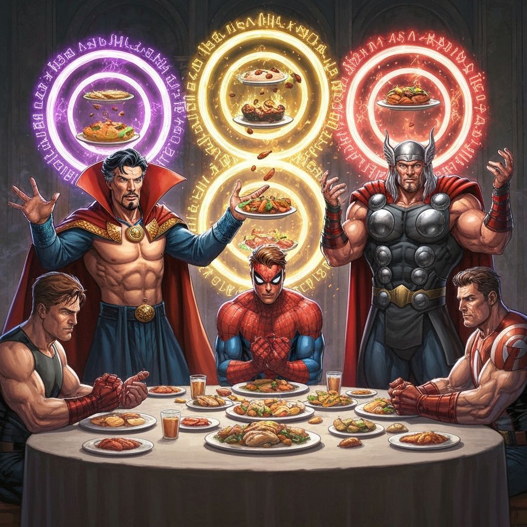 Shirtless Heroes Feast with Magical Portals