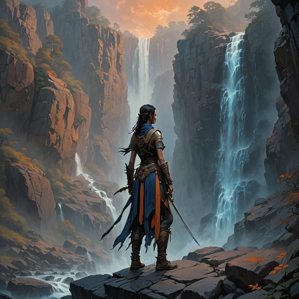 Mystical Warrior at Cliffside Waterfall: Fantasy Concept Art