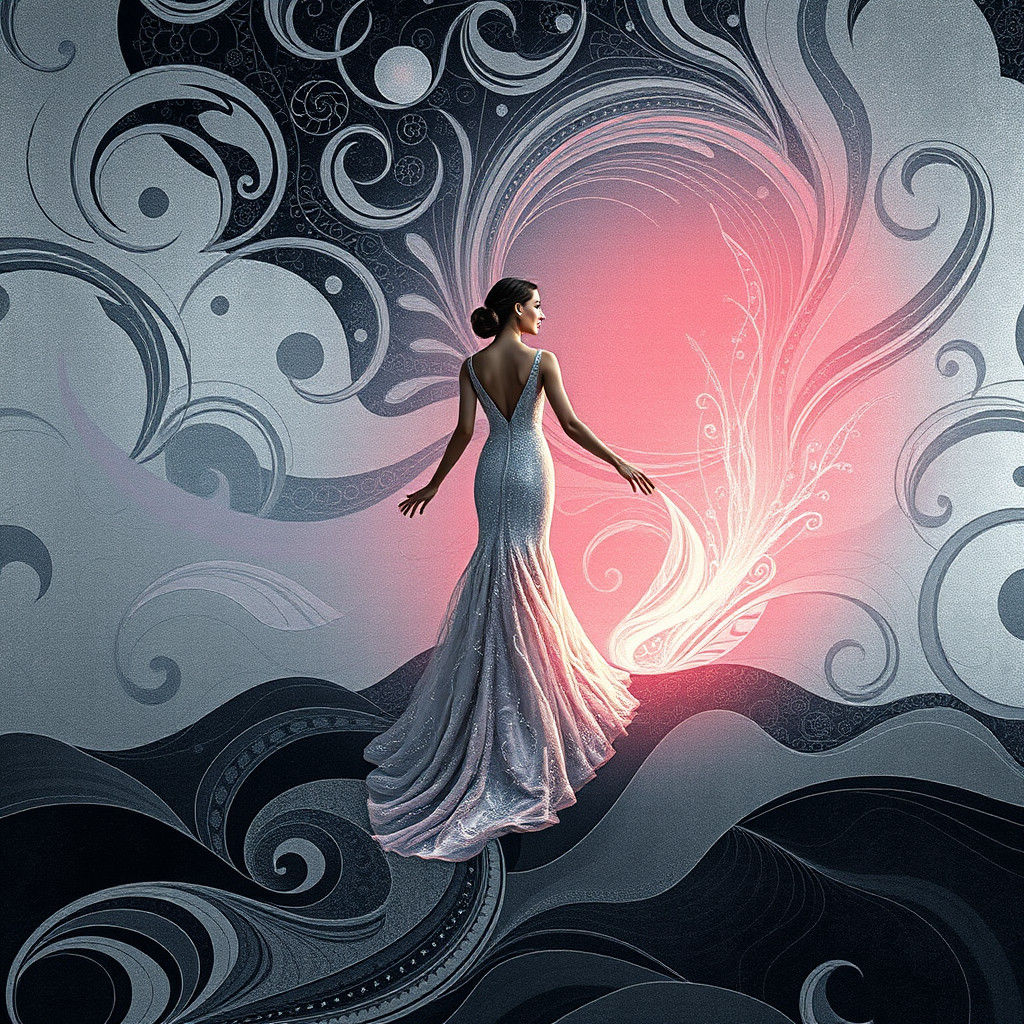 Ethereal Woman Stepping into Infinity in Art Deco Style