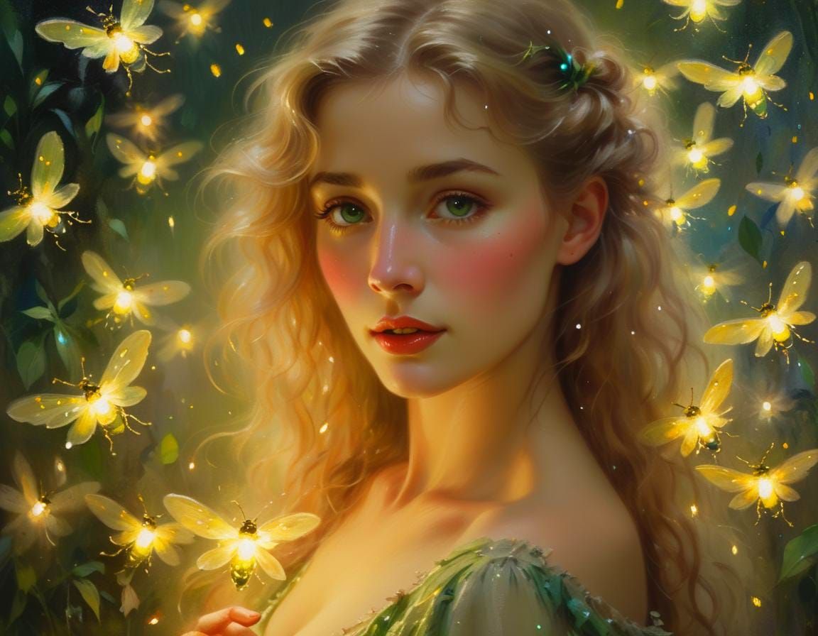 Ethereal Beauty with Fireflies: Impressionistic Oil Painting