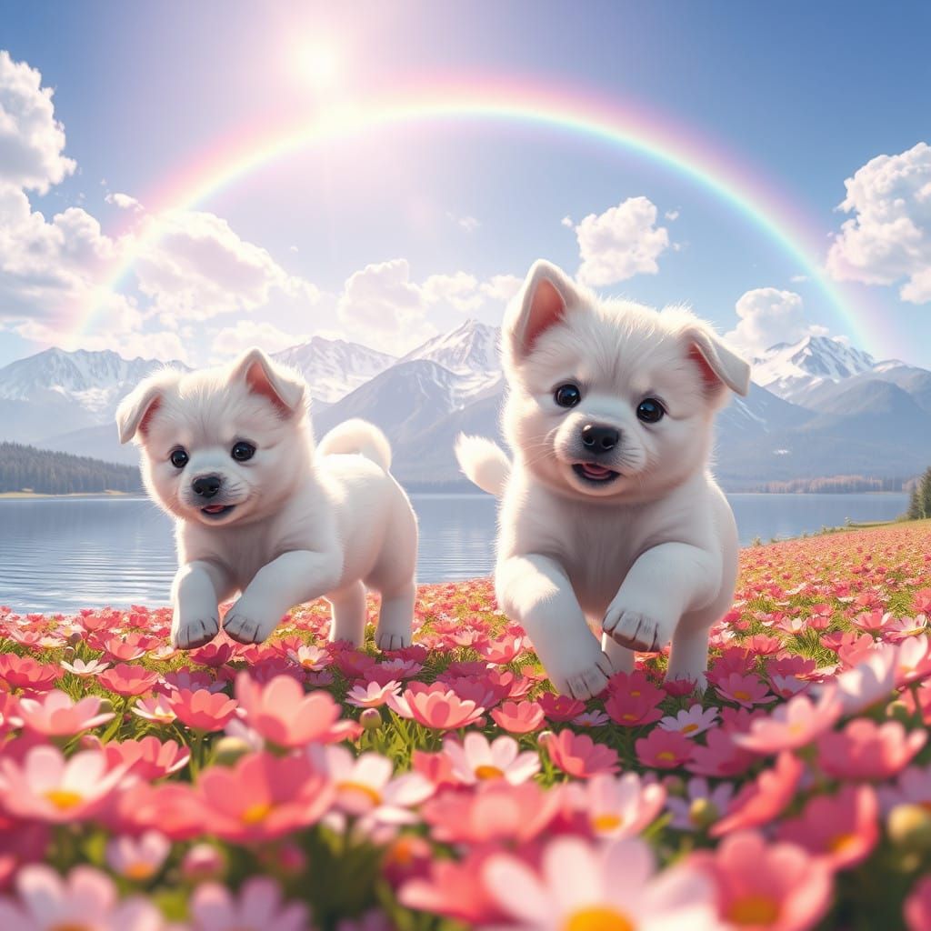 Whimsical Anime-Inspired Puppies in a Vibrant Floral Wonderl...