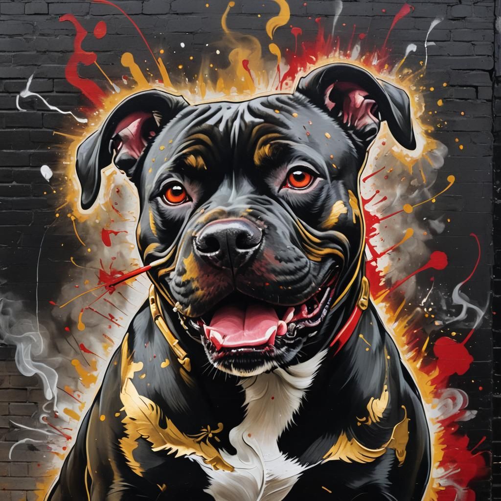 Joyful Pit Bull Smoking in Urban Graffiti Style