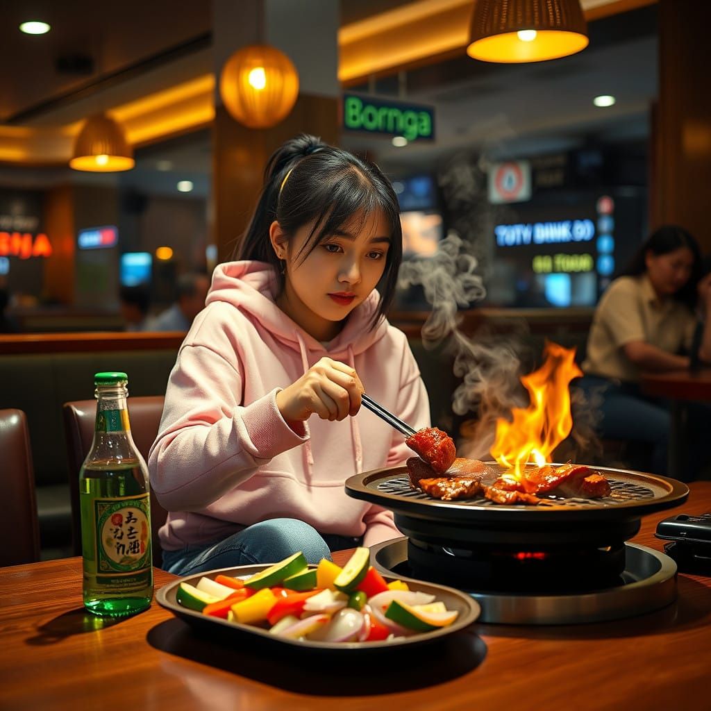Vibrant Young Woman BBQs Alone in Bornga Restaurant