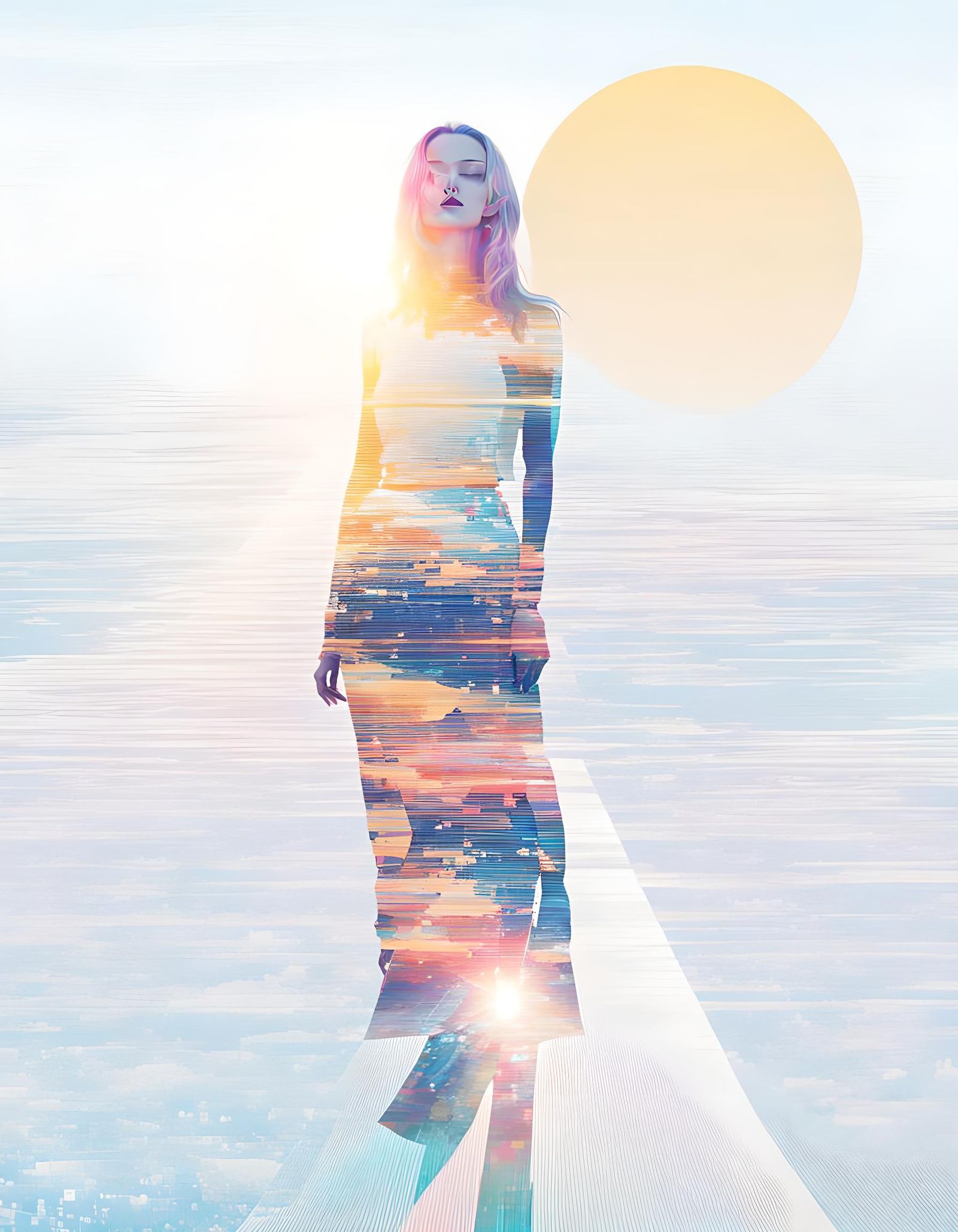 Glitch Art: Sun Woman with Fragmented Pixels
