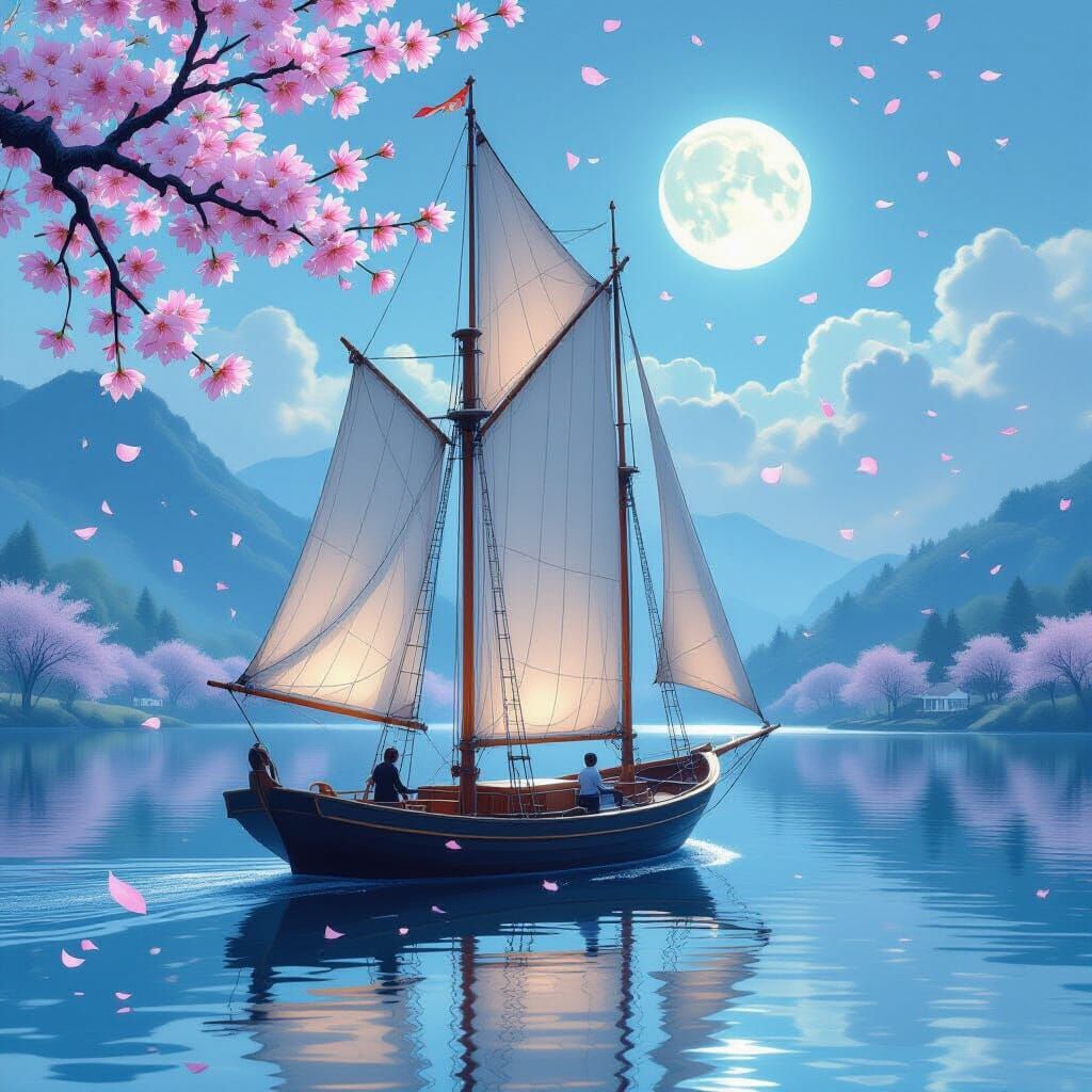 Moonlit Sailboat with Rose Petal Sails in Sfumato