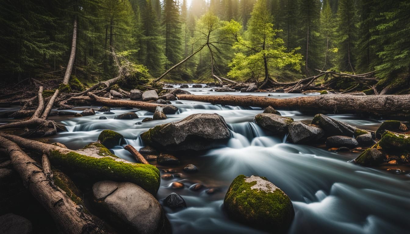 Canadian Forest River with Fallen Tree: Long Exposure