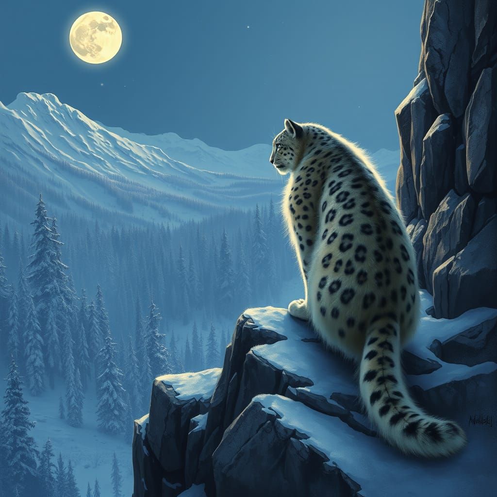 Moonlit Snow Leopard in Atmospheric Sci-Fi Style