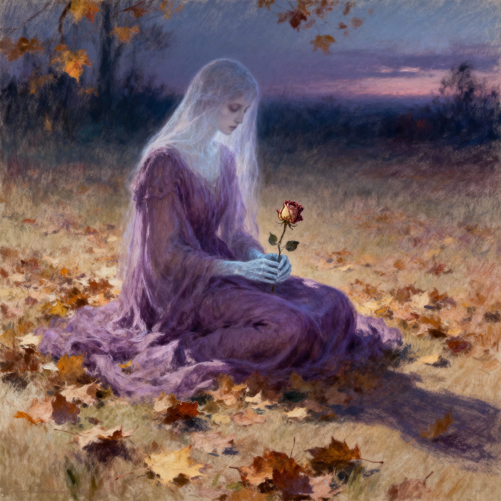 Ethereal Autumn Ghost with Rose in Smudged Pastel Style